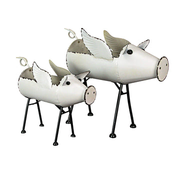 Abound-Zeckos flying pig planter Rustic White Flying Pig Standing Metal Planters SET